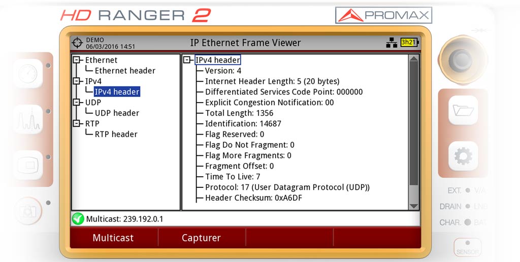 Écran de la fonction IP Ethernet Frame Viewer
